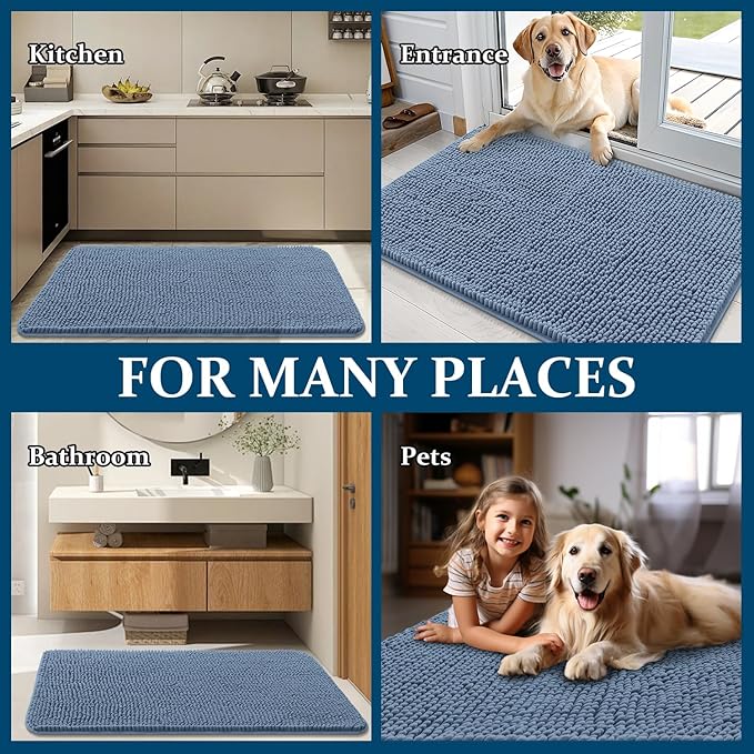 OLANLY Dog Door Mat for Muddy Paws 45x27, Absorbs Moisture and Dirt, Absorbent Non-Slip Washable Doormat, Quick Dry Chenille Mud Mat for Dogs, Entry Indoor Entryway Carpet for Inside Floor, Airy Blue