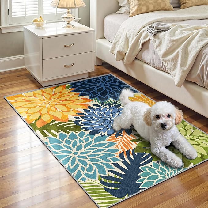 2x3 Colorful Washable Small Rug Tropical Botanical Modern Floral Indoor Chenille Door Mat Carpet Non Slip for Patio, Entry Way, Entrance, Porch, Green