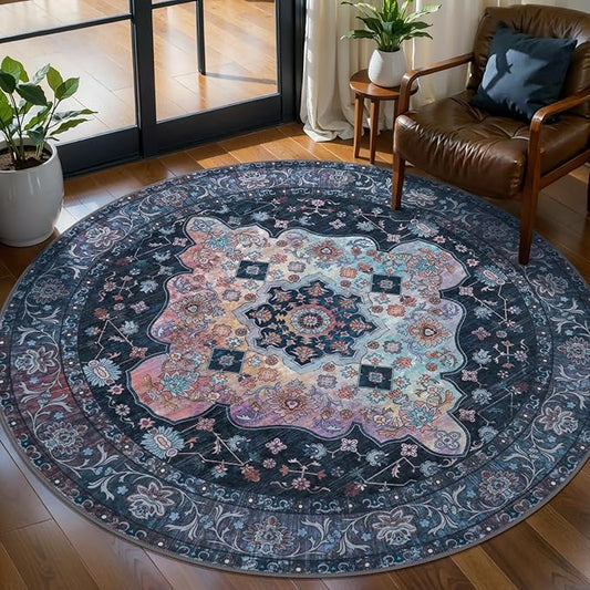 Tangsoo Vintage Round Rug 5ft, Washable Circle Rug, Non Slip Boho Round Area Rug, Low Pile Circular Rugs, Round Carpet for Bedroom,Livingroom,Nursery,Dorm,Office,Taupe
