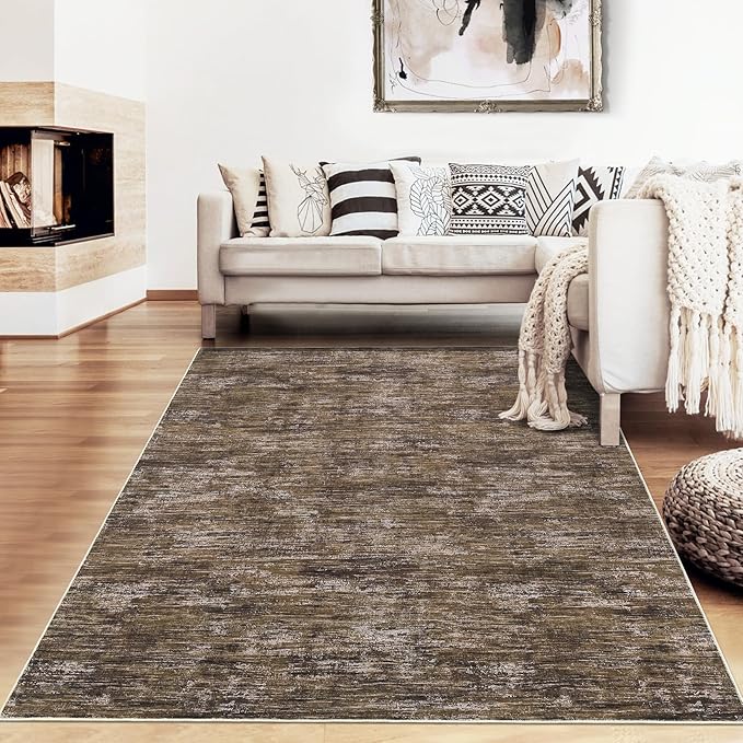 RUGSREAL Living Room Area Rug 9x12 Machine Washable Rug Non-Slip Stain Resistant Modern Abstract Bedroom Rug Contemporary Throw Floor Carpet for Dining Room Solid Area Rug for Home Office, Brown