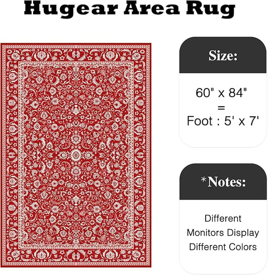 HUGEAR Christmas 5x7 Machine Washable Rugs Red Hallway Area Rug Indoor Accent Rug Floral Low Pile Carpet Soft Throw Aesthetic Rug Bedroom Living Room Office Dining Room Kitchen Laundry Room Non Slip
