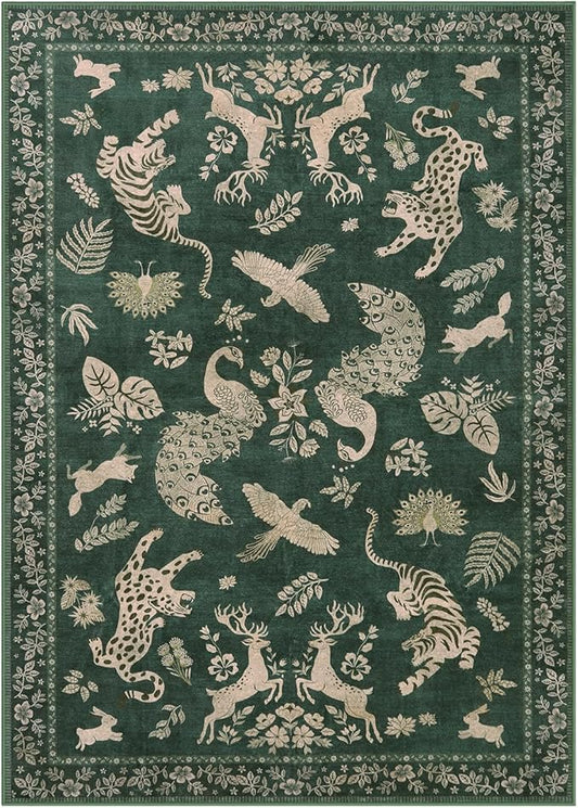 Moynesa Green 5x7 Living Room Rugs, Luxurious Vintage Boho Animal Washable Area Rug for Bedroom Dining Room Office Study, Low Pile Soft Non-Slip Easy Clean Retro Carpets for Indoor