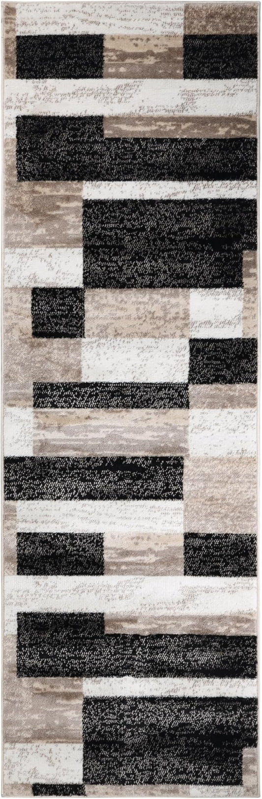 Superior Indoor Runner Rug, Jute Backing, Plush Modern Rugs for Entryway, Kitchen Floors, Office Floor Cover, Color Block Rugs, Rockwood Collection, 2' x 11', Ivory/Beige