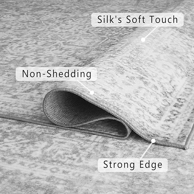 vivorug 5x7 Neutral Area Rugs, Stain Resistant Washable Rug for Living Room, Vintage-Inspired (Ivory/Silver, 5'x7')