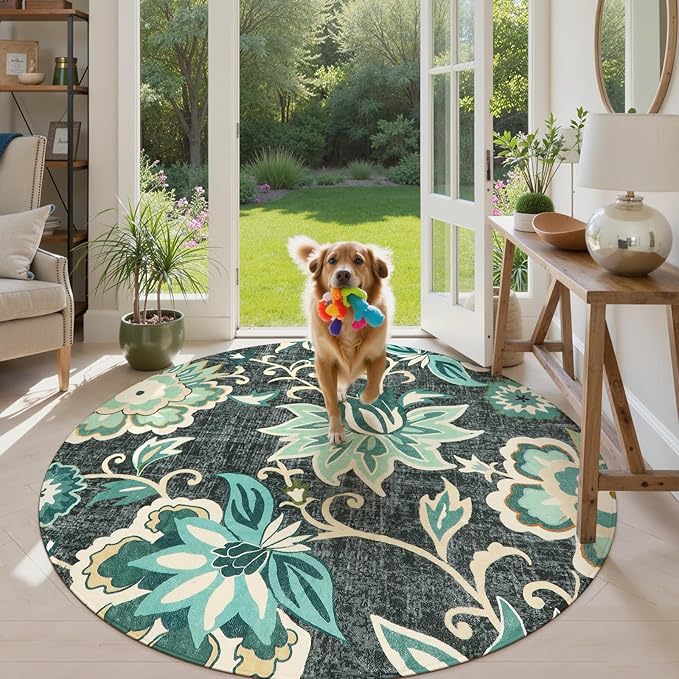 Lahome Floral 5ft Round Rug - Washable Large Boho Round Rug for Living Room Non-Slip Throw Circle Rug for Dining Room Table, Soft Blue Paisley Print Floor Carpet for Bedroom Office Kitchen Entryway