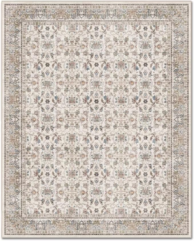 Washable 5x7 Area Rugs for Living Room, BoHo Non-slip Vintage Distress Rugs for Bedroom Dining Room Nursery Office, 0.3" Neutral Oriental Throw Thin Carpet with Cushioning Pad, Cream/blue/Orange/Multi