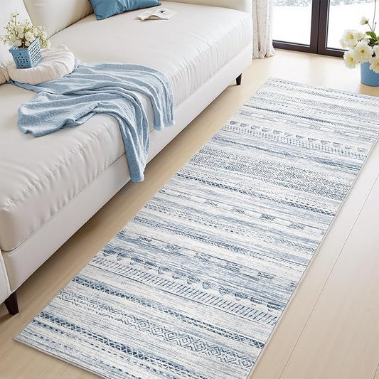 2x6 Runner Rug Machine Washable Non Slip Area Rug Distressed Neutral Moroccan Boho Rug Ultra Soft Floor Runners for Hallways for Entryway Laundry Room Kitchen, Blue