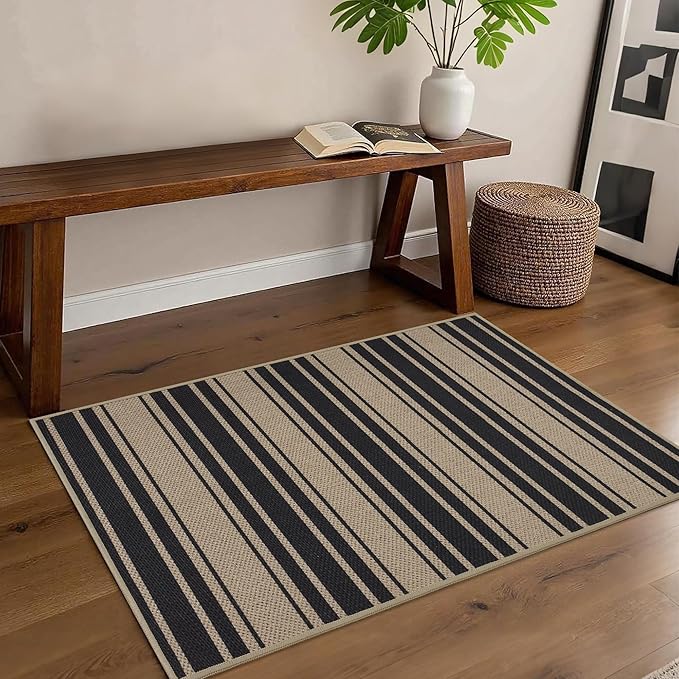 Striped Easy Jute Entryway Rug 2x3 Indoor Outdoor Front Door Mat Washable Non Slip Farmhouse Neutral Low Pile Small Rug for Entryway Proch Kitchen