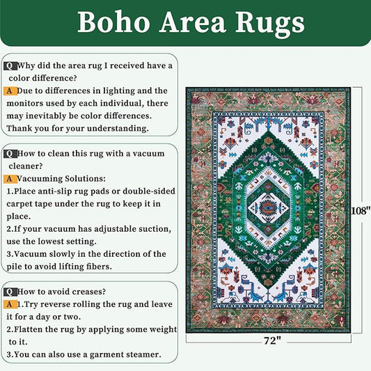 SERISSA 6x9 Area Rugs for Living Room, Large Washable Non-Slip Boho Rug, Ultra Soft Vintage Green White Oriental Tribal Print Distressed Carpet for Dining Room Bedroom Dorm Office Home Decor