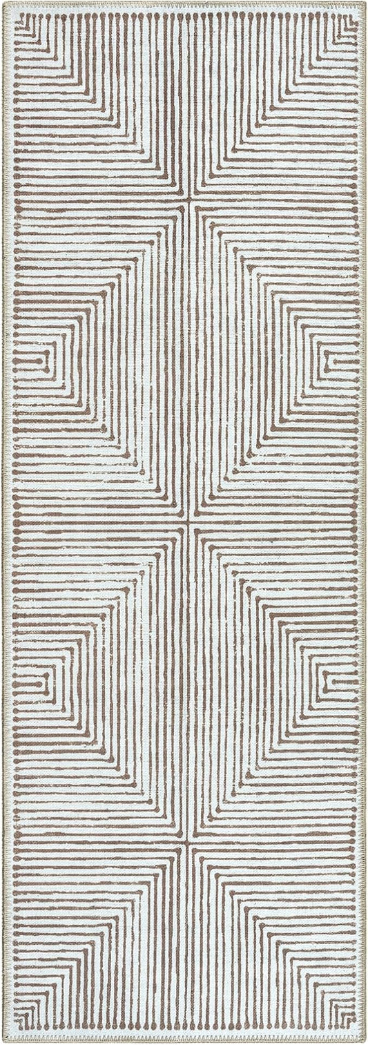 Bloom Rugs Washable Non-Slip 12 ft Runner - Brown Striped Runner for Entryway, Hallway, Bathroom, and Kitchen - Exact Size: 2.5' x 12'