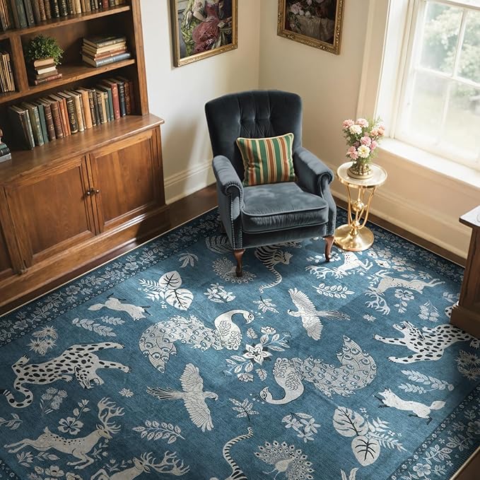 Moynesa Animal Area Rugs 5x7, Washable Luxurious Vintage Boho Blue Area Rug for Bedroom Living Room Dining Room Office Playroom, Farmhouse Low Pile Soft Non-Slip Carpets for Indoor