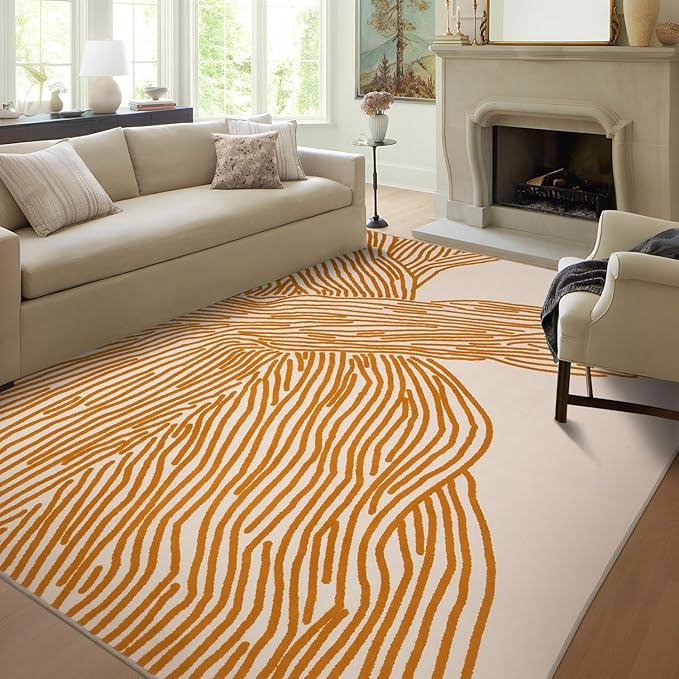 YIHOUSE Orange Rug for Living Room, 6×9 Modern Abstract Area Rug, Geometric Contemporary Wave Striped Rugs for Playroom Nursery, Washable Nonslip Large Rug for Bedroom Dining Room