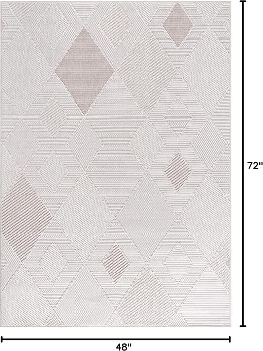 CAMILSON Micro Loop Rug 4x6 Modern Luxury Geometric Diamond Trellis Area Rugs Soft High and Low Pile Stain Resistant Easy-Cleaning Non-Shedding for Living Room Office Indoor Carpet (4 x 6 White-Beige)