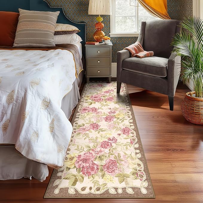 2x6 Machine Washable Runner Rug, Kitchen Hallway Area Rug Pink Vintage Boho Floral Ultra Non-Slip Low Pile Soft Faux Wool Carpet, Kids and Pets Friendly for Bedroom Entryway Nursery Home Decor Rug
