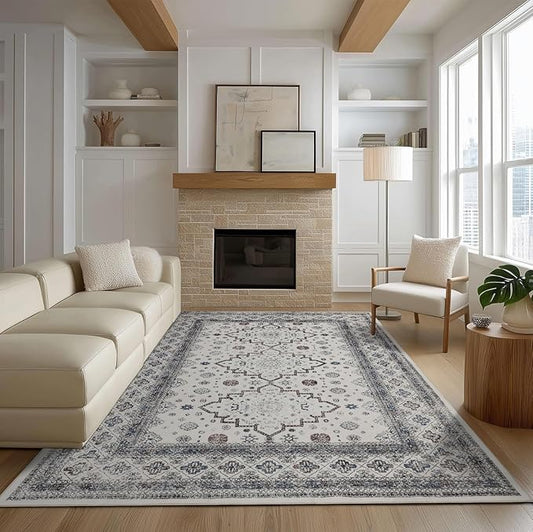 Washable Rugs 5x7 Area Rugs for Living Room, Thin carpet for Bedroom, Soft Faux Wool Retro Dining Room Rug,Non Slip&Non-Shedding Resistant Low Pile Vintage Print Rug for Home Office (White Cream/Gray)