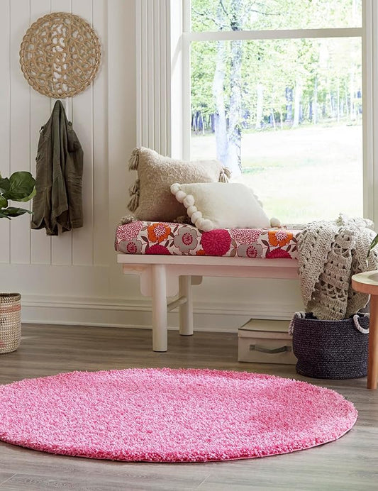 Unique Loom Solid Shag Collection Area Rug (3' 3" Round, Taffy Pink)