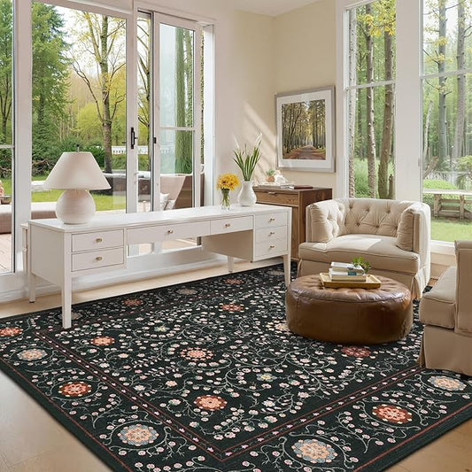 GarveeHome Boho 5x7 Area Rug for Bedroom, Floral Vintage Rugs for Living Room with Soft Low Pile, Non Slip Botanical Washable Rugs 5x7 for Dining Room Black Carpet for Entryway Dorm Office Playroom