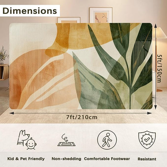 Boho Tropical Leaves Washable Living Room Area Rug, Low Profile Abstract Pattern, Non-Slip Backing Carpet for Kitchen, Bedroom, Dining Room