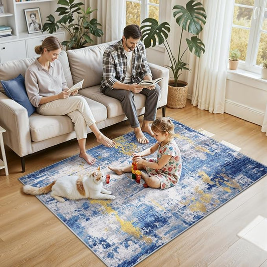 Washable Area Rugs 4'x6' Non-Slip Modern Abstract Soft for Living Room Entryway Bedroom Nursery, Print Pattern, Grey Blue Gold/Golden