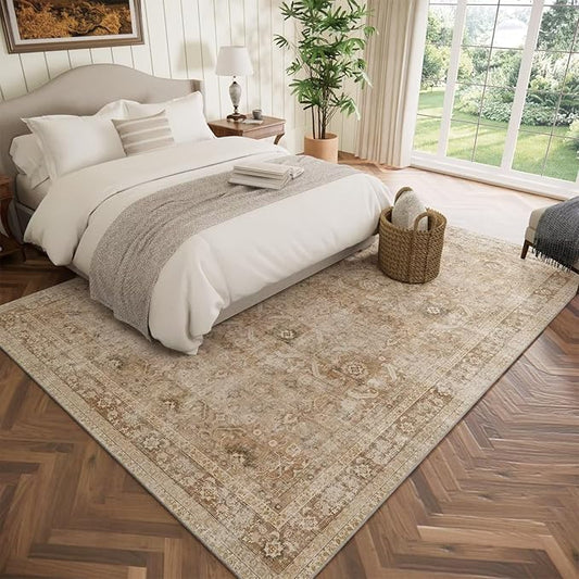 Washable 5x7 Area Rugs for Living Room, Boho Non-Slip Vintage Distress Rugs for Bedroom Dining Room Nursery Office, 0.3" Neutral Oriental Throw Thin Carpet with Cushioning Pad, Brown/White/Multi