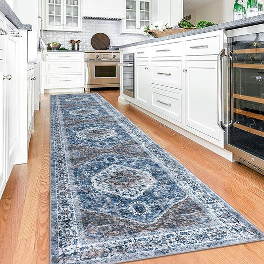 KOZYFLY Runners for Hallways 2.6x12 Ft Long Washable Kitchen Runner Non Slip Runners Rug for Entryway Indoor Blue Printed Faux Wool Stair Runner Floor Carpet for Stair Kitchen Hall, Blue