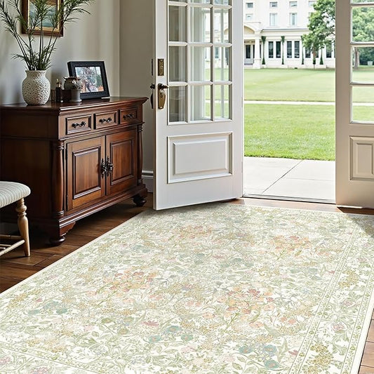 Boho Sage Green Bedside 3x5 Washable Rug for Bedroom, Thin Botanical Vintage Area Rug for Large Entry, Dorm, Kitchen, Foyer, Mudroom, Laundry - Cottage Core Low Pile Non Slip Indoor Front Door Carpet