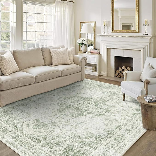 6x9 Vintage Washable Area Rugs Boho Medallion Large Distressed Retro Accent Carpet Floral Non-Slip Soft Low Pile Indoor Throw Rug for Living Room Bedroom Dining Room Office Kitchen, Green