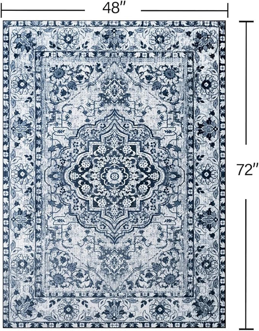 YJ.GWL Area Rugs for Living Room 4x6 Machine Washable Rugs for Bedroom, Non Slip Floral Vintage Rug Indoor Carpet, Stain Resistant Throw Rug for Dining Room Kitchen, Navy Blue