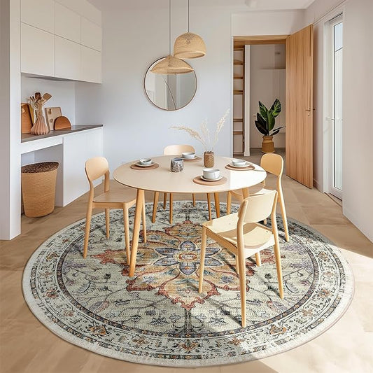 Area Rugs 7ft Washable Non-Slip, Floral Vintage Distress Print Pattern Medallion Carpet for Living Room Bedroom Dining Room, Light Yellow Carbon Grey Orange