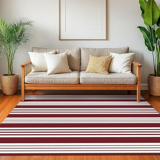 KOZYFLY Striped Outdoor Rug 4x6 Ft Red and White Christmas Front Door Rug Woven Area Rug Washable Indoor Cotton Rugs for Living Room Kitchen Entryway Patio Front Porch Holiday Decor