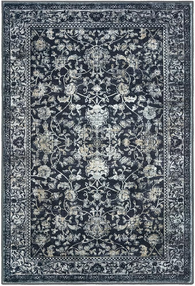 KILOCOCO Area Rug 3x5 Entryway Rug Washable Printed Vintage Floral Rubber Backed Non Slip Indoor Kitchen Rugs for Living Room Laundry Room Playroom Mudroom Moroccan Area Rugs, Navy/Charcoal