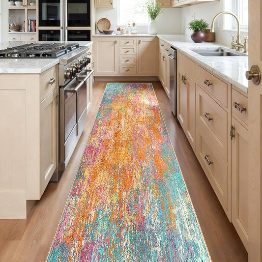 Washable Area Rugs 2'x8' Non-Slip Modern Abstract Soft for Living Room Entryway Bedroom Nursery, Print Pattern, Orange Blue Pink Yellow Colorful