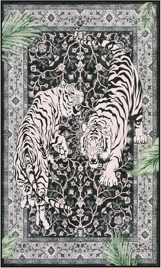Moynesa Tiger Washable Rugs, 3x5 Entry Area Rugs, Non Slip Vintage Soft Living Room Carpet, Boho Low Pile Stain Resistant Indoor Throw Mat for Kitchen Bedroom Entrance, Black