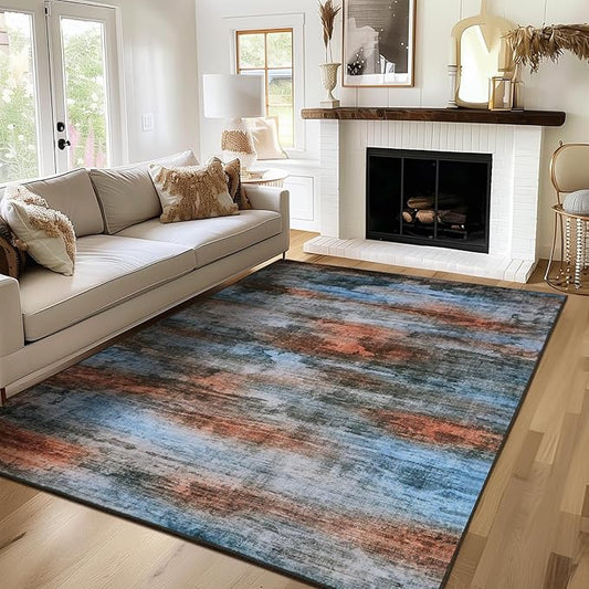 WILLSUN Washable Area Rugs, 4x6 Non-Slip Boho Large Area Rugs for Living Room, Bedroom, Machine Washable Vintage Rug, Indoor Floral Print Carpet for Home Decor, Kid & Pet Friendly Mat