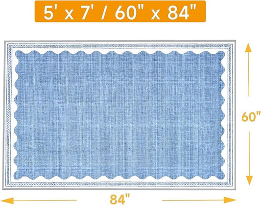 Scalloped Rug 5x7 Solid Blue Washable Non-Slip Rug for Living Room Modern Aesthetic Rugs for Bedroom Kitchen Dining Indoor Entry Entrance Floor