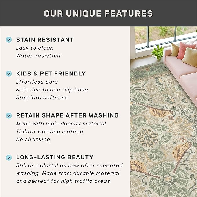 10 ft Long Sage Runner Rugs for Hallways - 3x10 Wide Kitchen Runners, Entryway Rug, with Flowers and Leaves, Washable Non Slip Low Pile