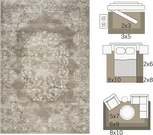 jinchan Washable Area Rug 8x10 for Living Room - Soft Faux Wool Ultra-Thin Stain Resistant Non-Slip Distressed Vintage Floral Large Carpet for Bedroom, Dining Room, Home Office, Nursery(Brown, 8'x10')