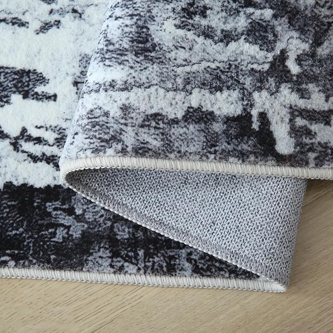 Rugcomf 9x12 Washable Boho Rug - Soft, Non-Slip, Non-Shedding Faux Wool Vintage Rug for Living Room, Dining Room, Kids Playroom, Indoor - Grey and Black