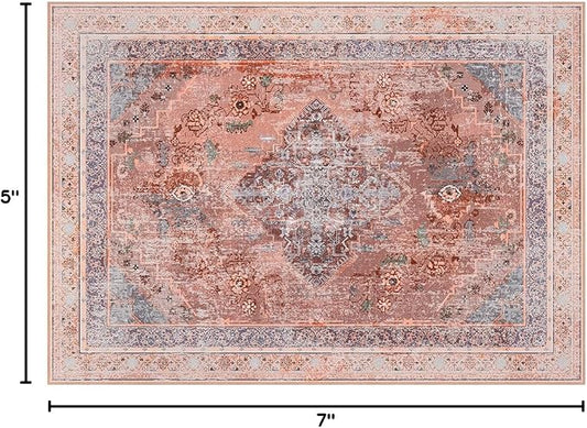 Phantoscope Washable Area Rug 5'x7' Non-Slip, Vintage Neutral Fall Rugs for Living Room, Bedroom, Dining Room, Distressed Boho Medallion Pattern, Low-Pile Foldable Floor Carpet, Rust Orange
