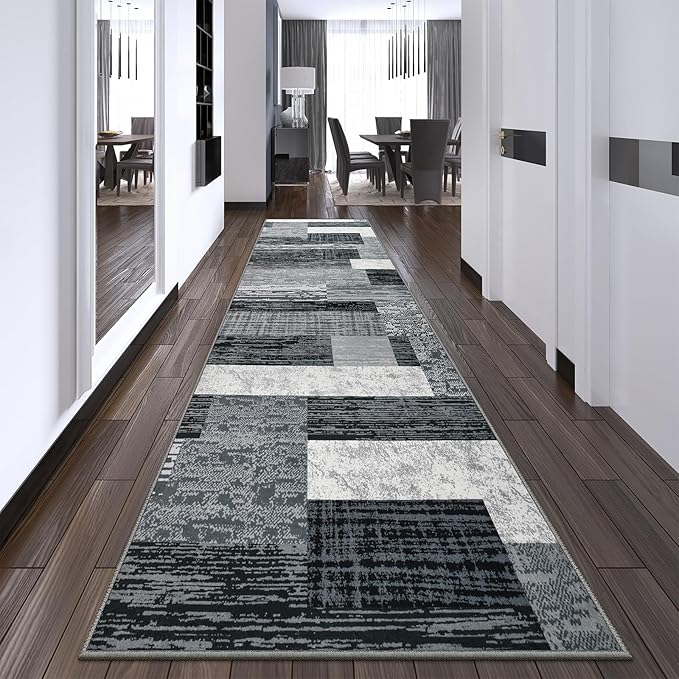Indoor Runner Rug, Washable Runner Rug with Rubber Backing, Modern Geometric Patchwork Aesthetic Carpet for Bedroom, Living Room, Hallway, Entryway, Washable Rugs Rockwood Collection, 2.7x8 Ft Grey