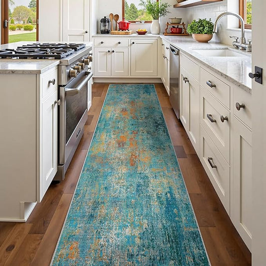 Washable Area Rugs 2'x10' Non-Slip Modern Abstract Soft for Living Room Entryway Bedroom Nursery, Print Pattern, Teal Blue Green Orange Rust Red Coloreful
