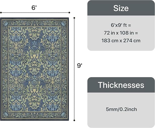 Bavni Floral Dark Blue Area Rugs 6x9, Vintage Boho Carpet Machine Washable, Non Slip Soft Low Pile Thin Rug for Bedroom, Living Room, Dining Room, Nursery