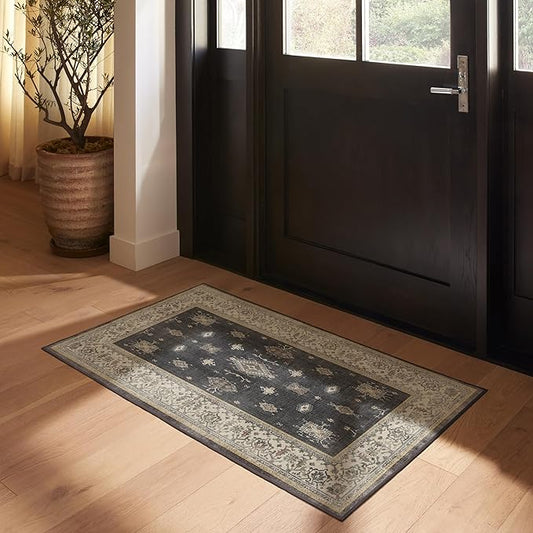 RUGGABLE Washable Vintage Area Rug – Verena Dark Wood 3x5, Stain-Resistant, Non-Slip – Small Machine Washable Rugs for Living Room, Bedroom, Hallway, Entryway & Office–with Standard Pad