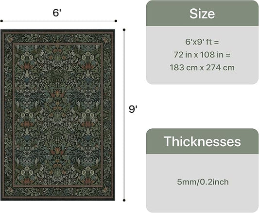 Bavni Floral Dark Green Area Rugs 6x9, Vintage Boho Carpet Machine Washable, Non Slip Soft Low Pile Thin Rug for Bedroom, Living Room, Dining Room, Nursery