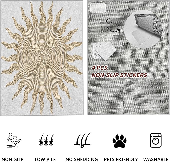 Boho Washable Rugs for Bedroom 5x8, Modern Sun Print Soft Minimalism Area Rug, Non Slip Low Pile Abstract Carpet for Classroom Living Room Decor Dining Room Sofa Kids Nursery Room, Beige Yellow