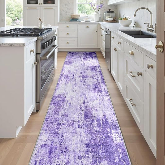 Washable Area Rugs 2'x10' Non-Slip Modern Abstract Soft for Living Room Entryway Bedroom Nursery, Print Pattern, Purple Gray Pink White