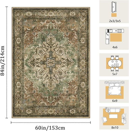 5x7 Machine Washable Area Rug for Living Room, Brown Green Boho Vintage Floral Rug Large Non-Slip Low Pile Soft Faux Wool Carpet, Kids and Pets Friendly for Bedroom Dining Room Farmhouse Decor Rug