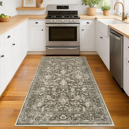 KILOCOCO Area Rug 3x5 Entryway Rug Washable Printed Vintage Floral Rubber Backed Non Slip Indoor Kitchen Rugs for Living Room Laundry Room Playroom Mudroom Moroccan Area Rugs, Taupe/Green