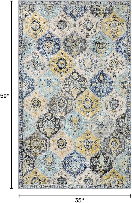 Lahome Moroccan Trellis Washable Small Area Rug, 3x5 Area Rug for Bedroom Living Room, Non-Slip Oriental Accent Throw Carpet for Kitchen Office Entryway Bathroom Office, Yellow/Aqua