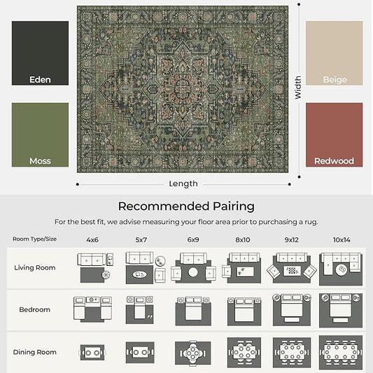 Kokia 9x12 Washable Area Rugs Dark Green with Vintage Orient Design, Soft Rug for Living Room or Bedroom, Non-Slip Low Pile Stain Resistance Features, Distressed Medallion Pattern